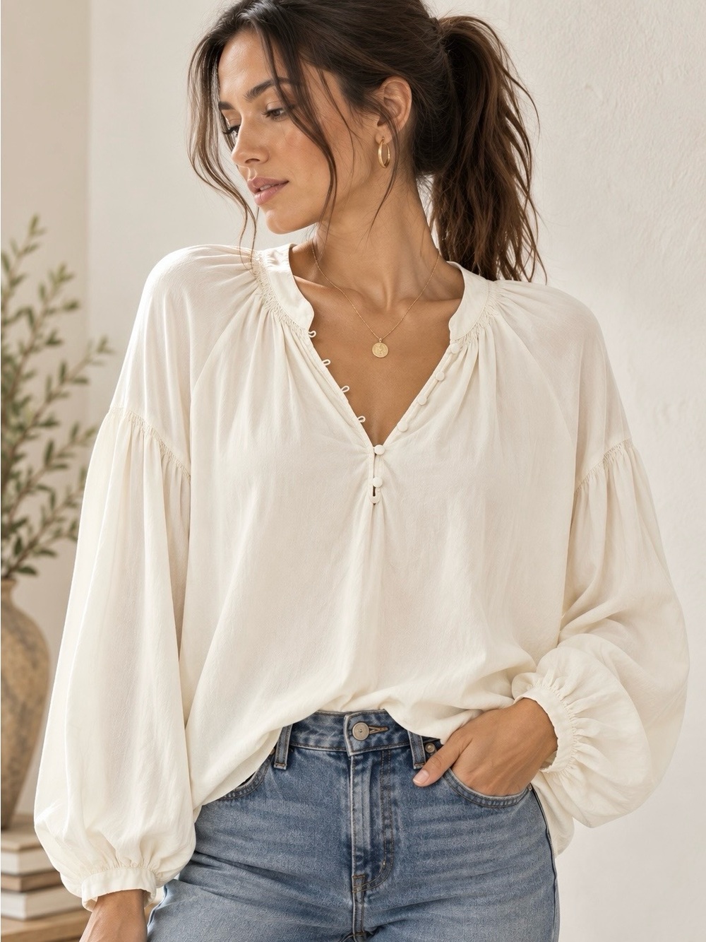 FRAME Ivory 100% Silk Balloon Sleeve Blouse Large Boho Partial Button